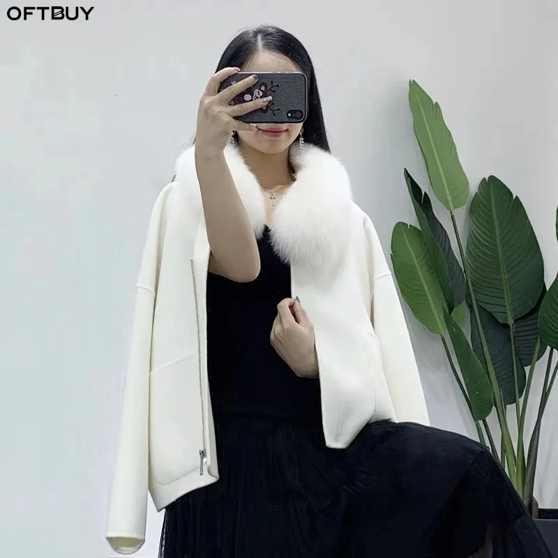 Женская Шуба OFTBUY теплая уличная куртка из 100% шерсти с натуральным лисьим мехом на