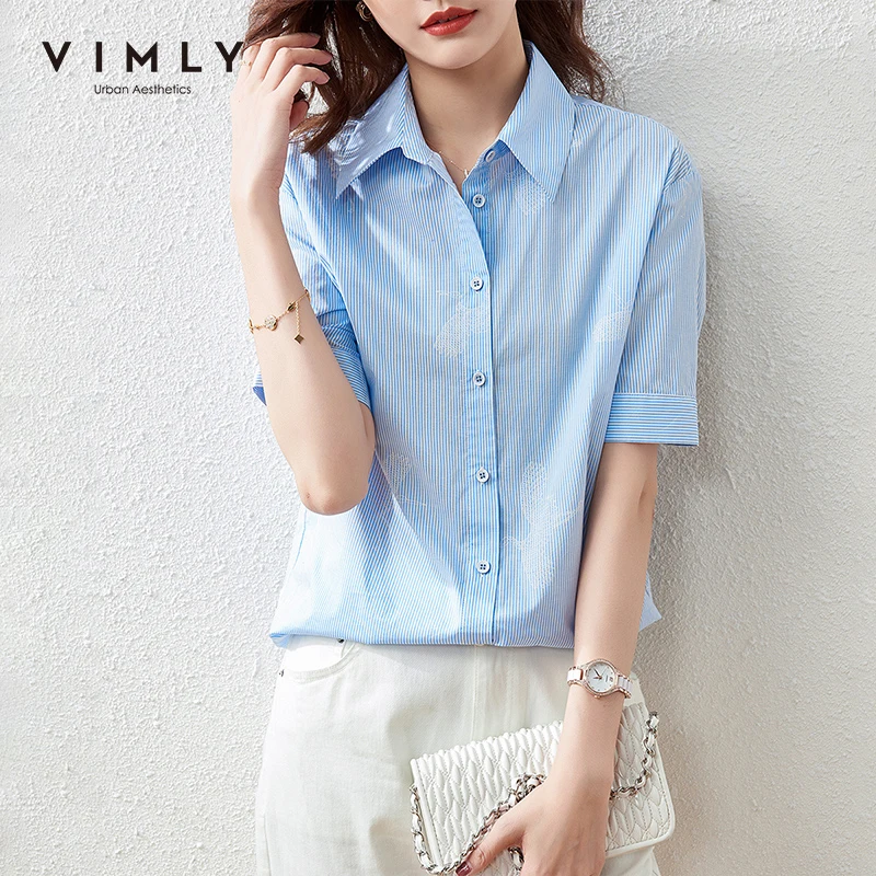

VIMLY Summer Women Striped Shirts Office Lady Button up Shirt Elegant Half Sleeve Blue Blouse Vintage Clothes Female Tops F7092