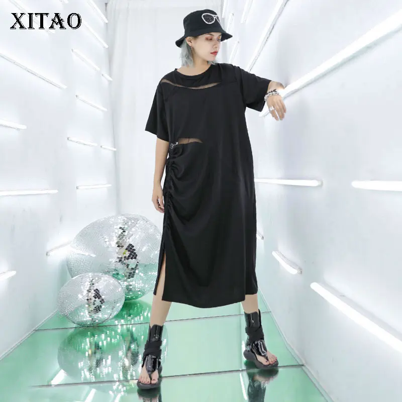 Женское плиссированное платье XITAO однотонное свободное с круглым вырезом и