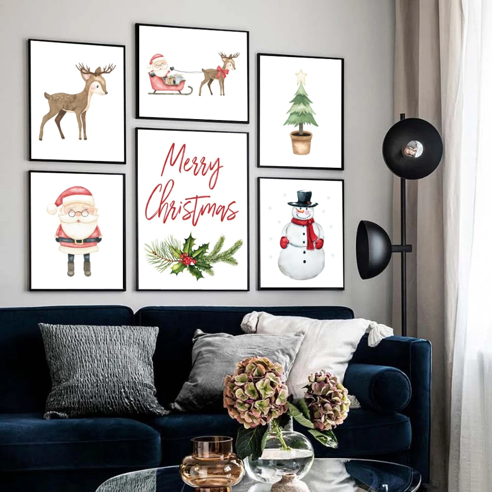 

Christmas Living Room Home Decorations Posters Tree Santa Claus Sleigh Reindeer Snowman Print Pictures Wall Art Canvas Paintings