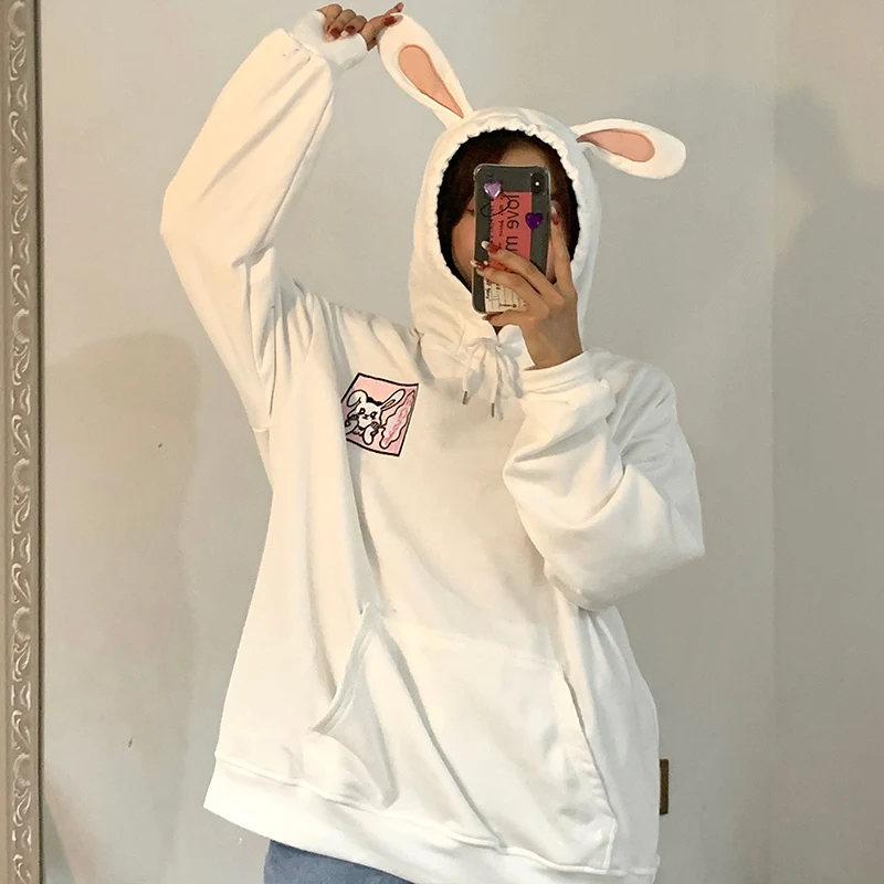 

Japanese 2021 Sweet Girl Preppy JK Style Cute Women Kawaii Hoodies Bunny Embroideried Rabbit Ears Soft Sister Hooded Sweatshirt