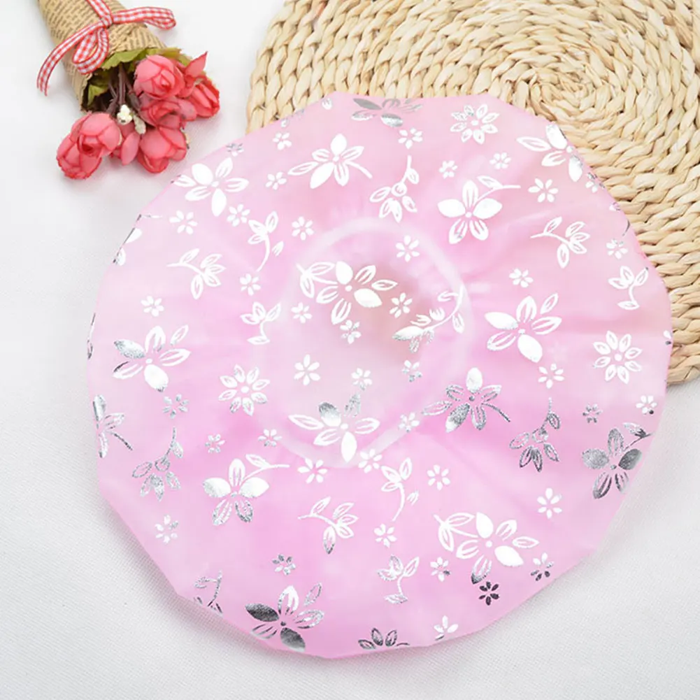 

Spa Bath Hat Protective Bathroom Travel Home Shower Cap Elastic Band Kitchen Hair Cover Floral Print Cute Thicken Waterproof