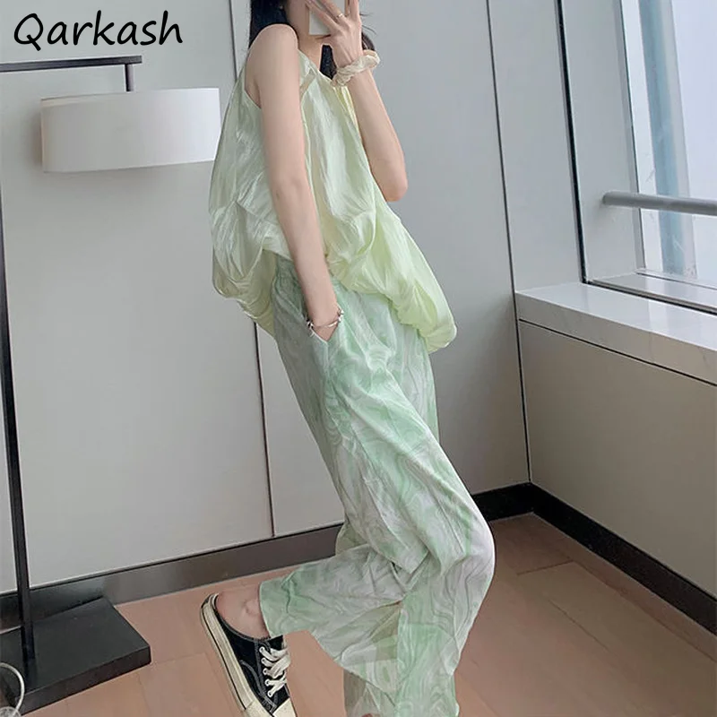 

Women Sets Tie-dye Sleeveless Side-slit Pants Loose Casual Fashionable Elegant Chic Gentle Korean Style Folds High Waist Teens