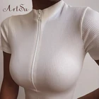 Женская футболка на молнии ArtSu, однотонная трикотажная облегающая футболка с воротником-стойкой, топы с короткими рукавами, модель ASTS60285, 2019