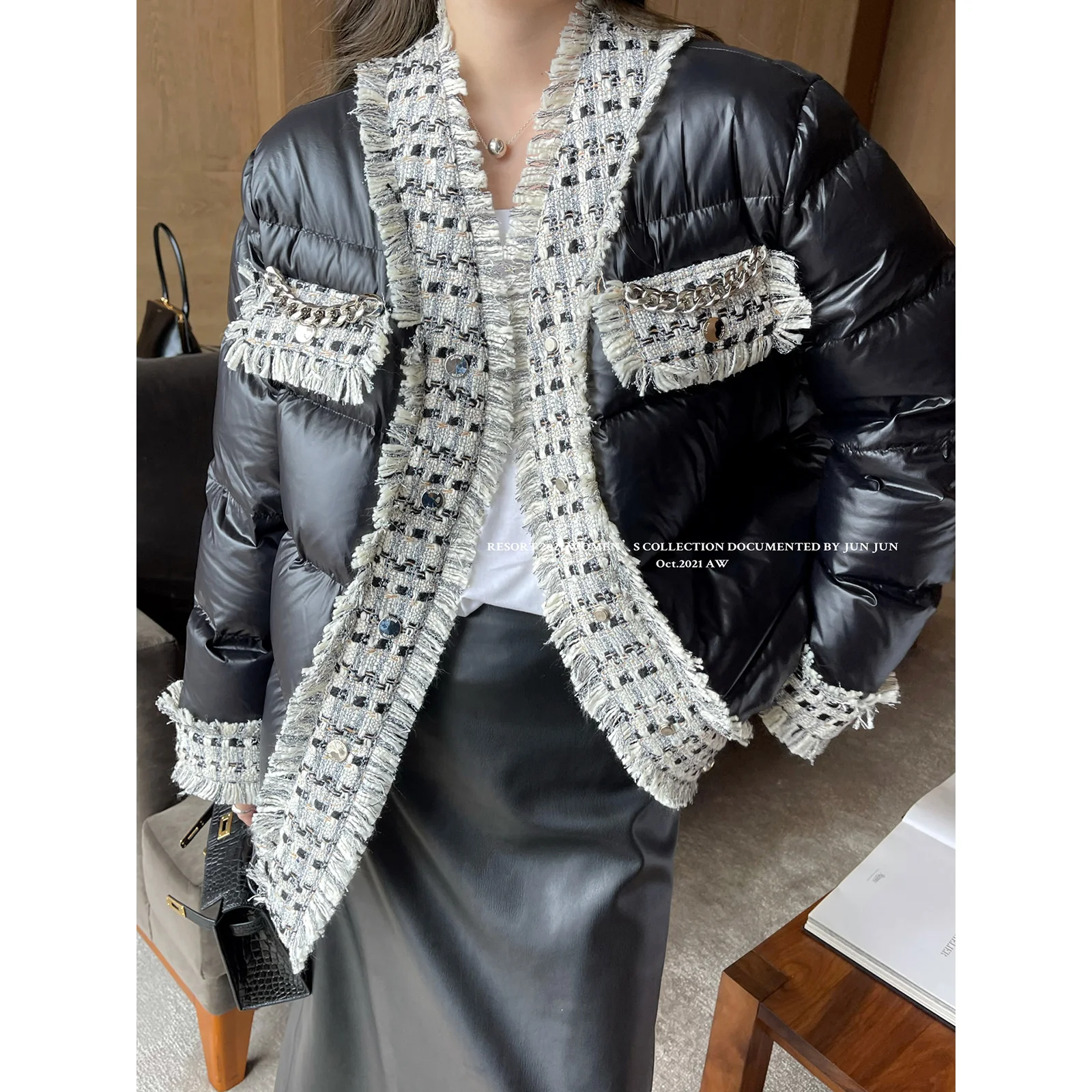 

Trend dream DT class chain chunky nylon stitched white duck down jacket women's 2021 new design coat