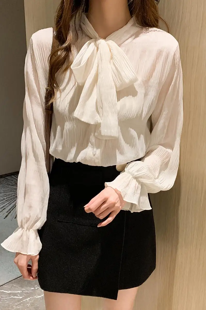 

COIGARSAM Full Sleeve Shirt Womens tops New Spring Chiffon Bow Women shirts Apricot Pink 5009