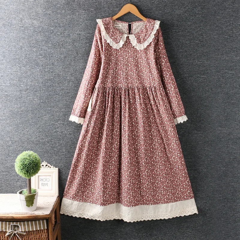 

2021 Autumn New French Style Peter Pan Collar Floral Cotton Linen Dress Women Loose Long Sleeve Printed Splicing Dress ZZ 1775