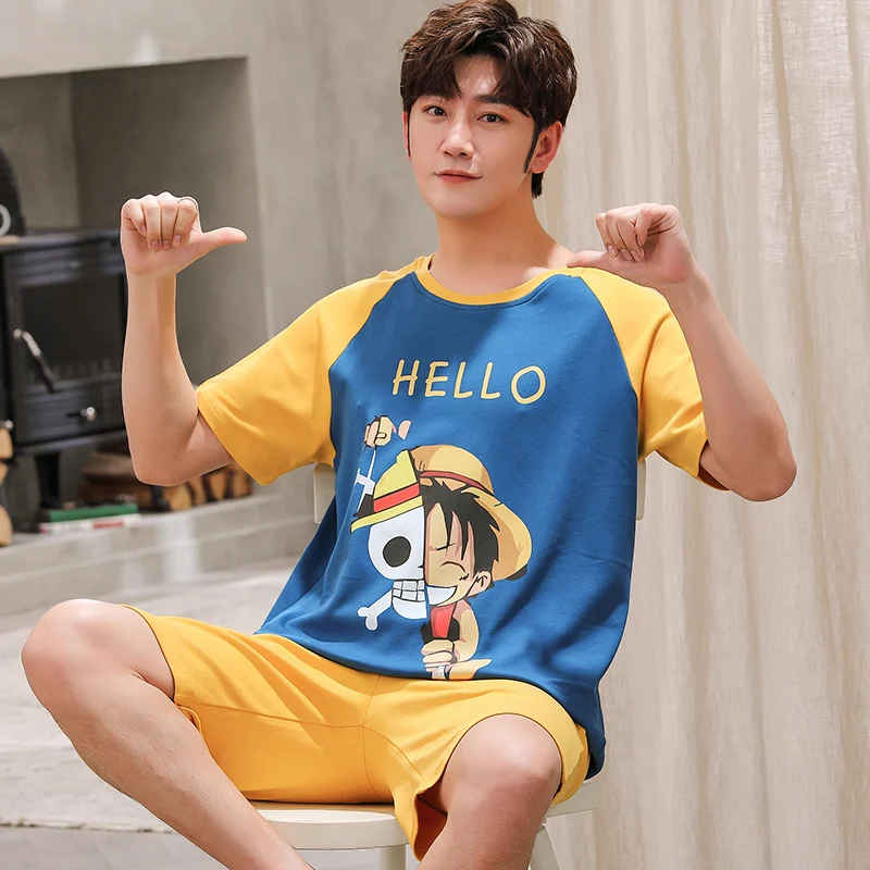Летняя мужская Хлопковая пижама японская мультяшная аниме одежда для сна
