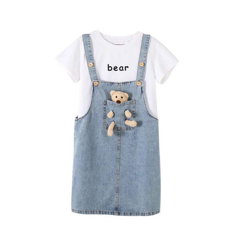 

Children Skirts Sets Summer Clothes Girl Short Sleeve White T-Shirt+Doll Denim Strap Skirt Two-Piece Suits Cartoon Kids Outfits