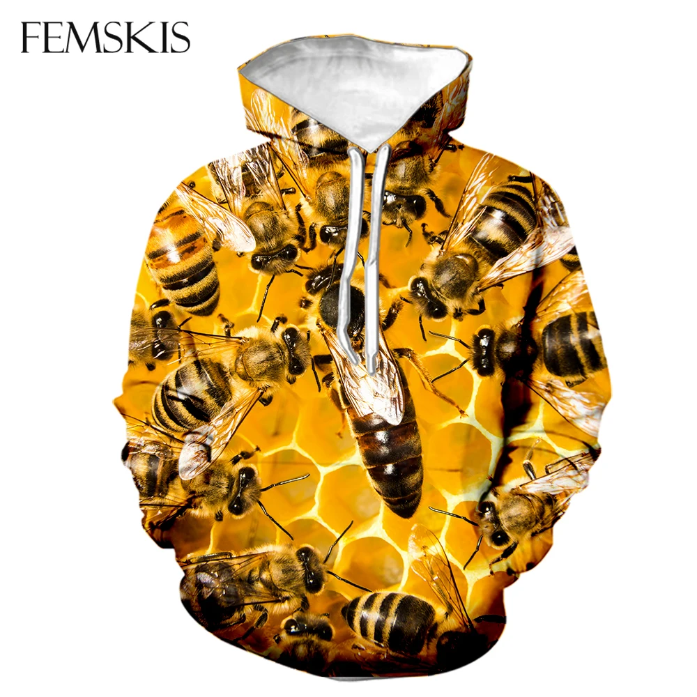 

FEMSKIS 3D Printed Bee Hoodies Men Sweatshirt Pure Honey Harajuku Women Fashion Hoody Casual Jacket Pullovers Unisex Streetwear