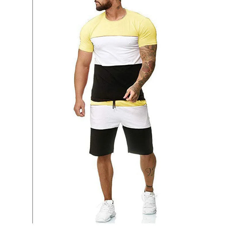 

New Summer Stitching Men T Shirt Tracksuit 2 Piece Set Casual Short-Sleeved + Male Jogger Sports Wide-Leg Pants Men Clothing