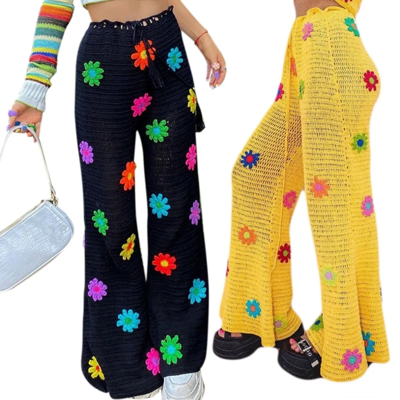 

Женские Пляжные Вязаные крючком длинные брюки, разноцветные цветочные Ажурные вязаные широкие расклешенные брюки, сетчатые накидки для би...