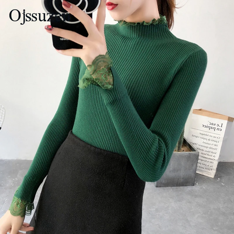 Knitted Women Sweater Female Pullovers Winter Basic Ladies Sweaters Lace Patchwork Neck Slim Black Yellow Pullover Clothing | Женская