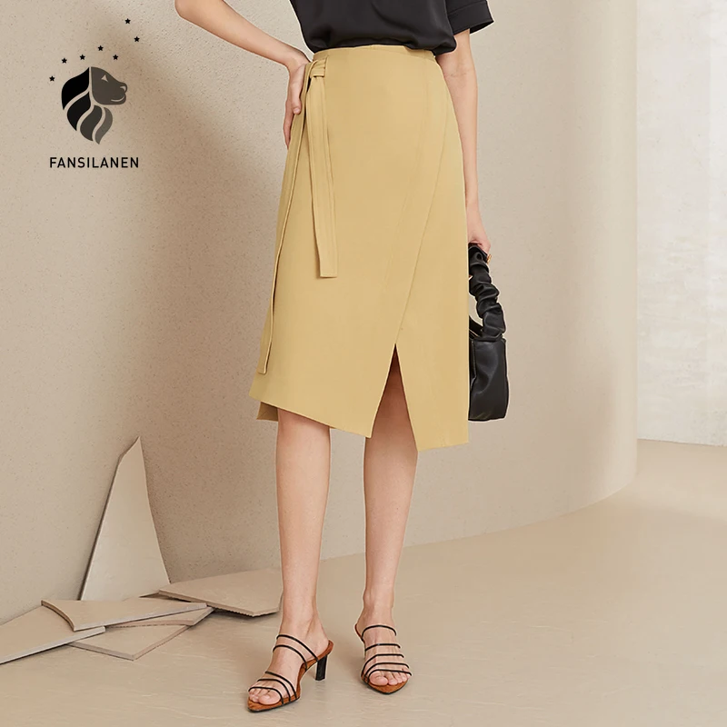 

FAKUNTN Sexy Split Bandage Wrap A-line Skirt Women Office Lady Elegant Midi Black Skirt Vintage White High Waist Skirt Bottom