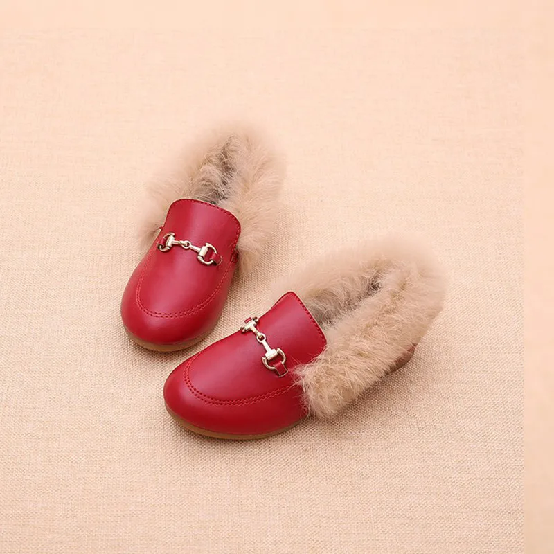 

Red Kids Shoes Autumn Winter Warm Snow Boots Boys Girls Black Brown Fur Flat Slip on Non-slip Kids Shoes Children Leather Shoes