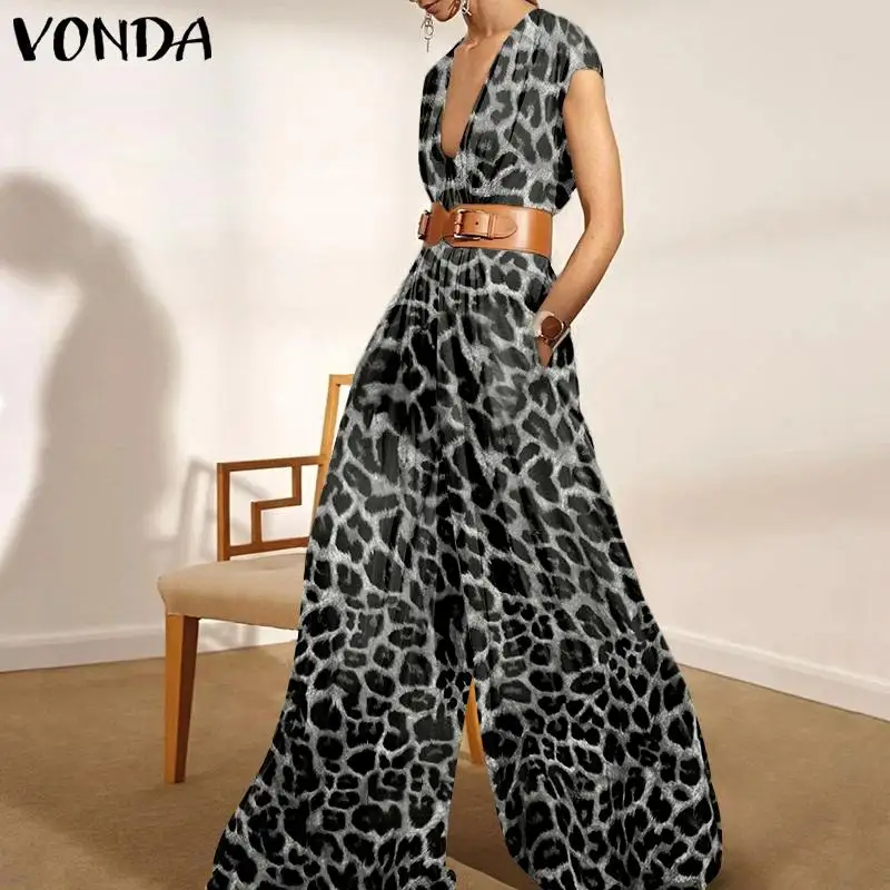 

Women Jumpsuits VONDA Vintage Leopard Print Playsuits Palazzo Loose Women's Trousers Summer Sleeveles Sexy Wide Leg Overalls