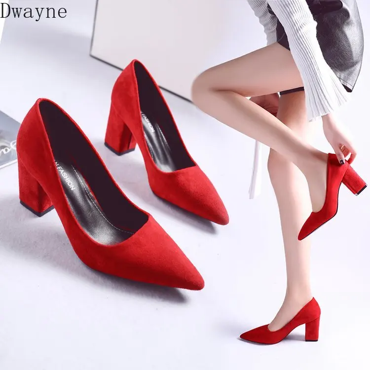 2019 New Korean Pointed Suede Single Shoes Square Heel High Heels Professional Work Sexy Elegant Womens Party Pumps | Обувь