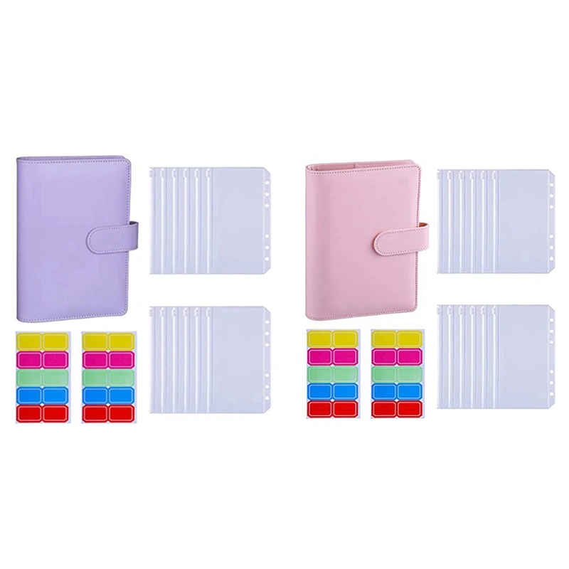 

2 Set A6 PU Leather Binder Sleeve with 12 Pieces A6 Binder Bag Loose Leaf Bag Cash Budget Envelope System, Purple & Pink