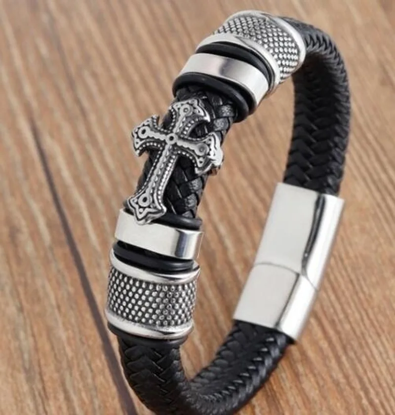 Vintage Handmade Leather Woven Cross Bracelet for Men, Adjustable Stainless Steel Leather Cord Bracelet image 4