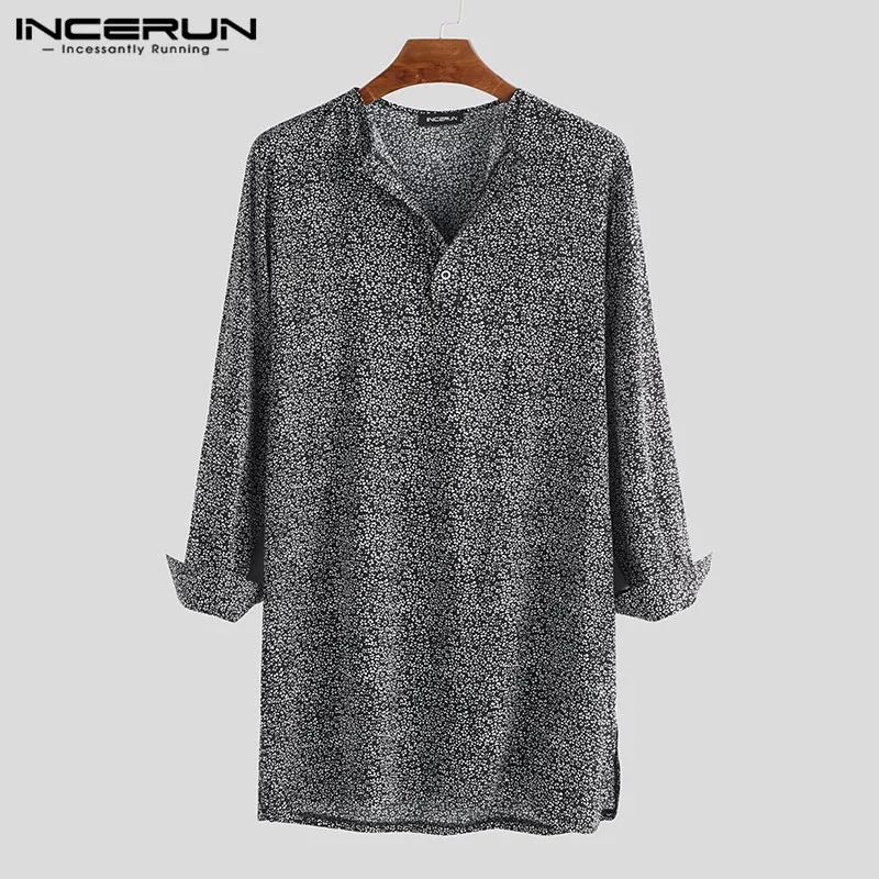INCERUN, мужская рубашка с цветочным принтом, длинный рукав, повседневная мусульманская одежда на пуговицах, винтажные удлиненные футболки, мужской индийский костюм, S-5XL