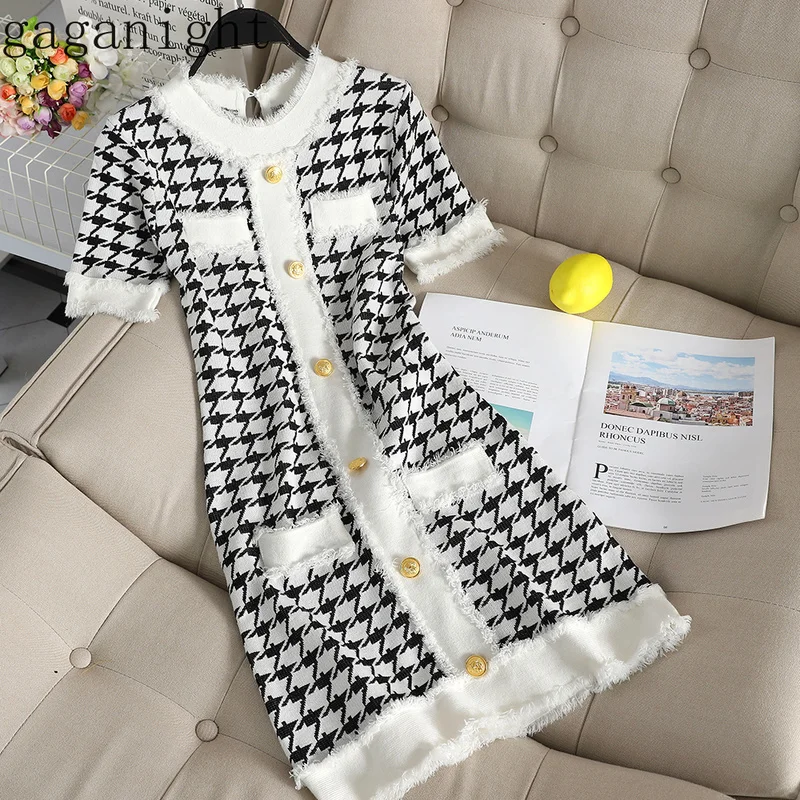 Gaganight трикотажное женское мини платье с узором гусиная лапка лето осень