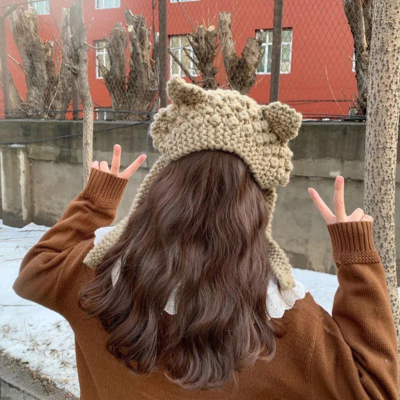 

Korean Pop cat ears winter hats for women knitted woolen cap ladies autumn cute beanie student bonnet warm headgear accessories