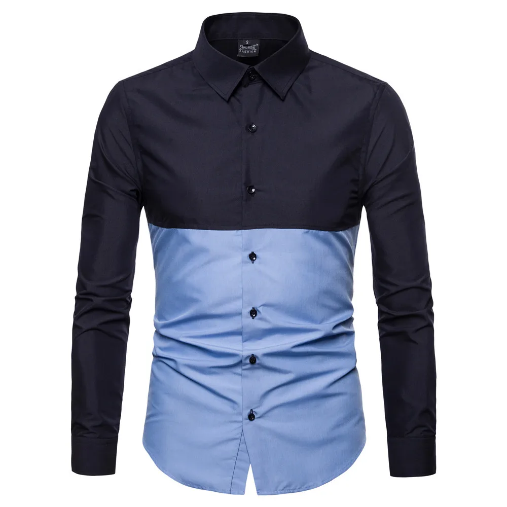

Mens Cotton Patchwork Shirts Casual Button Up Chemise Man Leisure Korean Shirts Long Sleeve Dress Shirt for Men