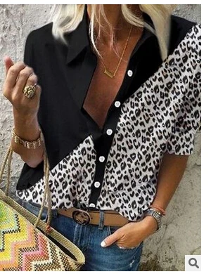 

Women Casual Blouse, Long Sleeve Folded Collar Leopard & Color Block Shirt, Loose-Fit Button-Down Wild Fashion Top Shirt