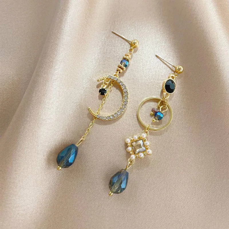 2020 корейские новые элегантные серьги с синими каплями Луны и кисточками женские