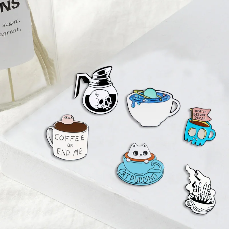 

Cup and Coffee Skull Stars Cat Combination Denim Enamel Lapel Pins Collection Badges Brooches Gifts for Friend Jewelry Wholesale