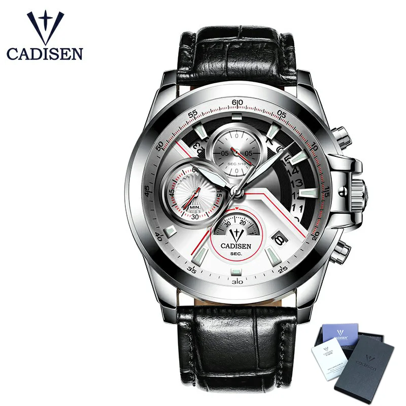 White Leather Box CADISEN Горячие мужские часы Новая мода армейский бренд Роскошные Спортивные Повседневные водонепроницаемые мужские наручные часы кварцевые из нержавеющей стали мужские наручные часы - Цвет: White Leather Box