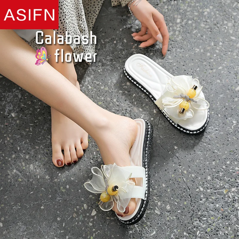 

ASIFN Calabash Flower Slippers Sandals Dual Use Women Fashionable Summer Style Flat Outdoor Beach Elegant Slides Womens Shoes