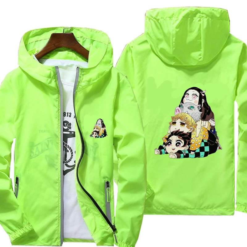 

Summer Demon Slayer anime Hooded Men's Streetwear Jacket Windproof Thin Reflective Sunscreen Windbreaker Skin Outdoor Coats
