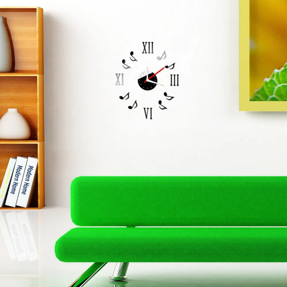 Современные Черные DIY музыкальные ноты зеркальные стильные настенные часы