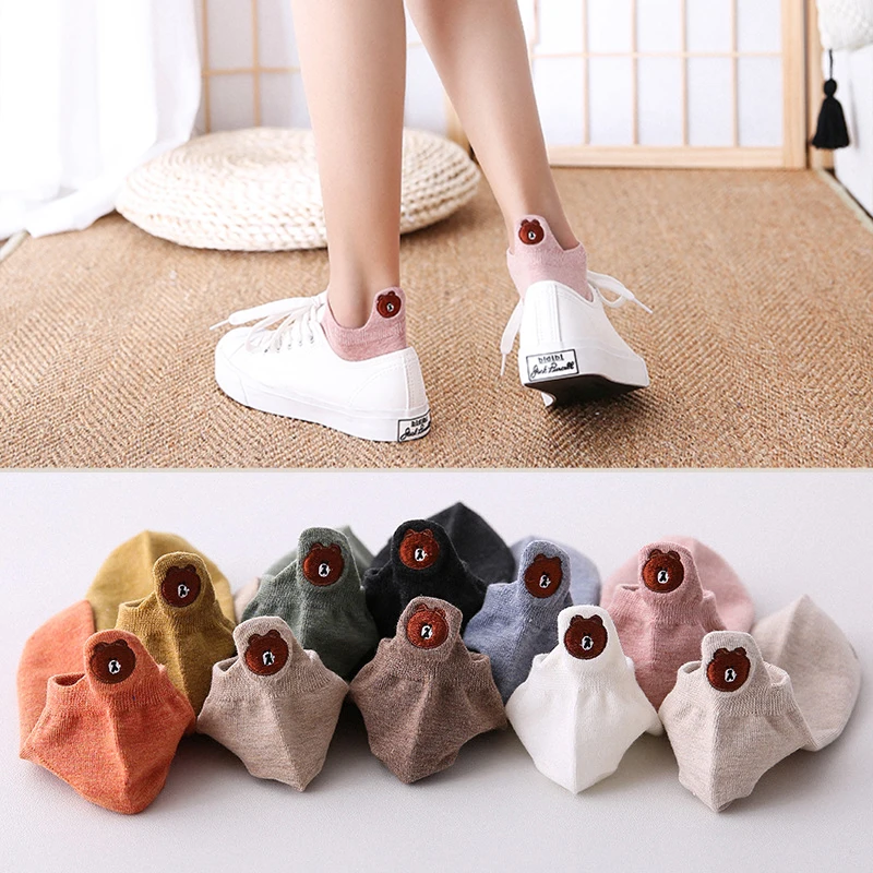 Модные женские блестящие носки в стиле Харадзюку с медведем однотонные японские