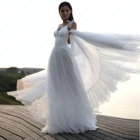 beach white tulle wedding dress sexy v neck spaghetti straps a line zipper open back floor length bridal gown vestido de noiva
