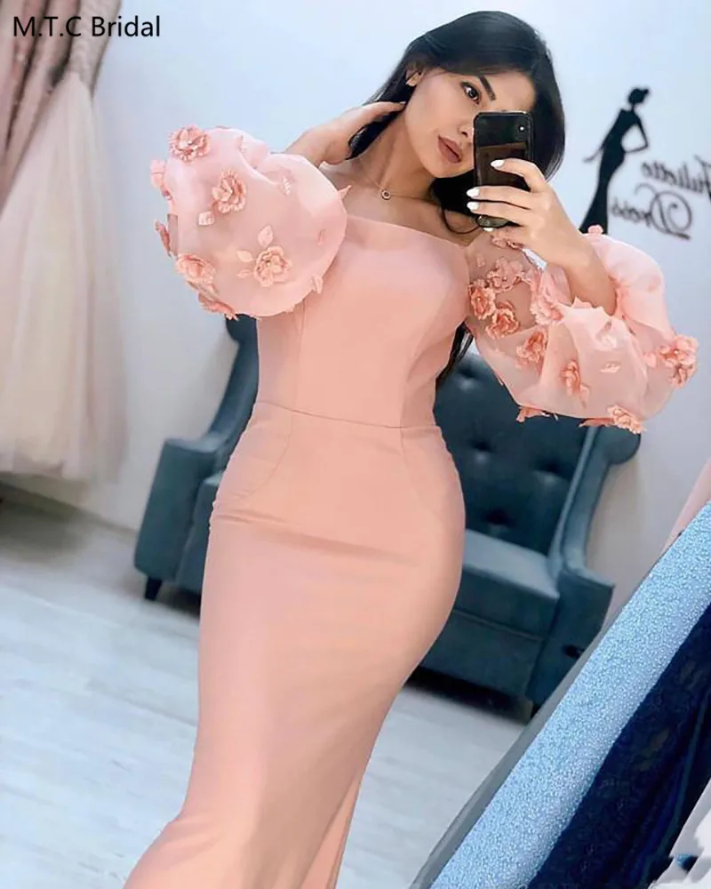 

Dusty Pink Long Sleeves Prom Dresses With Flowers Off The Shoulder Mermaid Plus Size Arabic Women Formal Dress Robe De Soiree