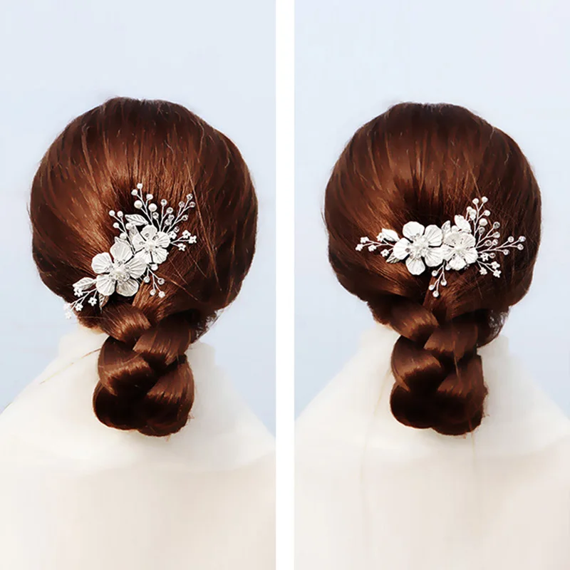 FORSEVEN Super Fairy Simple Silver Color Flower Crystal Pearls Hair Combs Women Bride Noiva Wedding Veil Decor Jewelry Clips | Украшения и