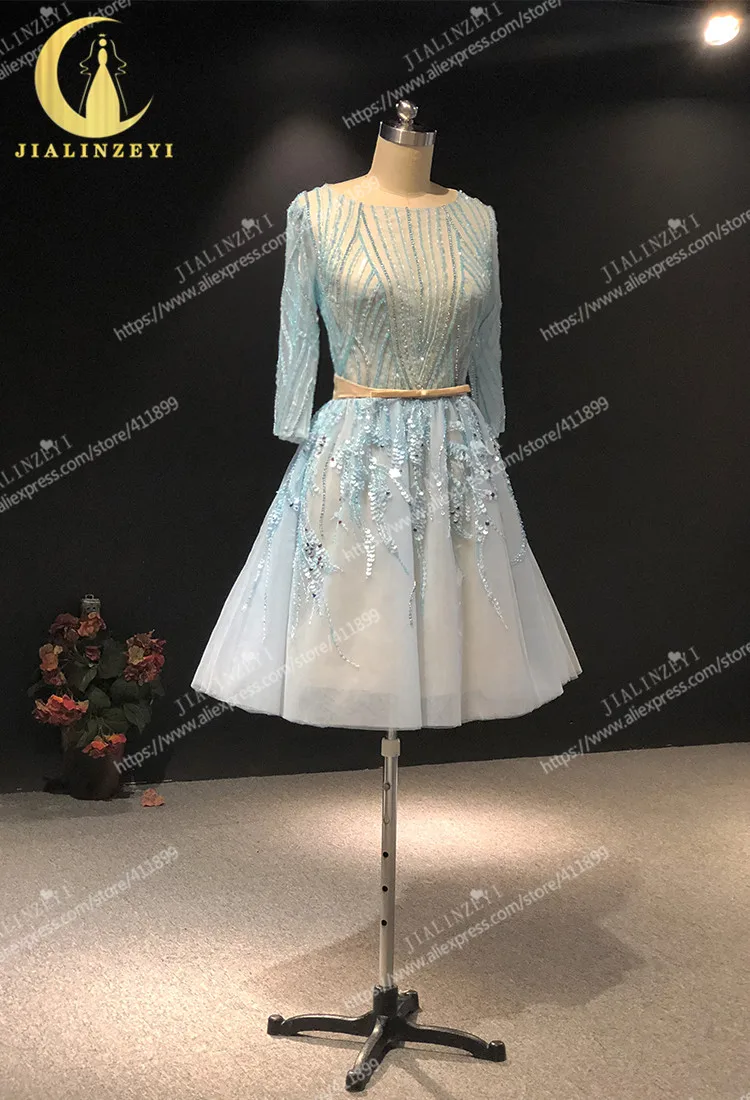 Rhine real Pictures Elie saab  Sky Blue Beads Knee Length Prom dresses arabic evening dresses long