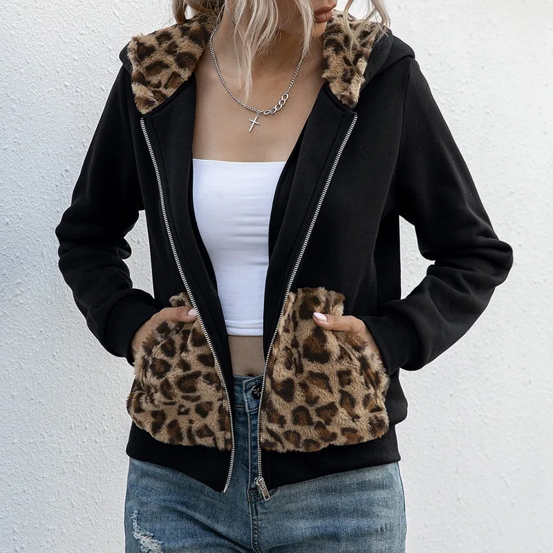 Женское леопардовое лоскутное плюшевое пальто с капюшоном пушистое зимнее