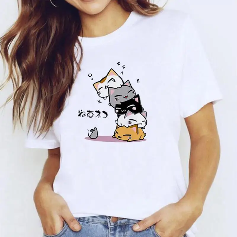 

Футболка женская с забавным рисунком кошки, милая рубашка с графическим принтом, топ с коротким рукавом, Повседневная рубашка в стиле Харад...