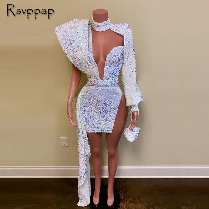 Ассиметричное короткое платье для выпускного вечера с длинным рукавом и высоким