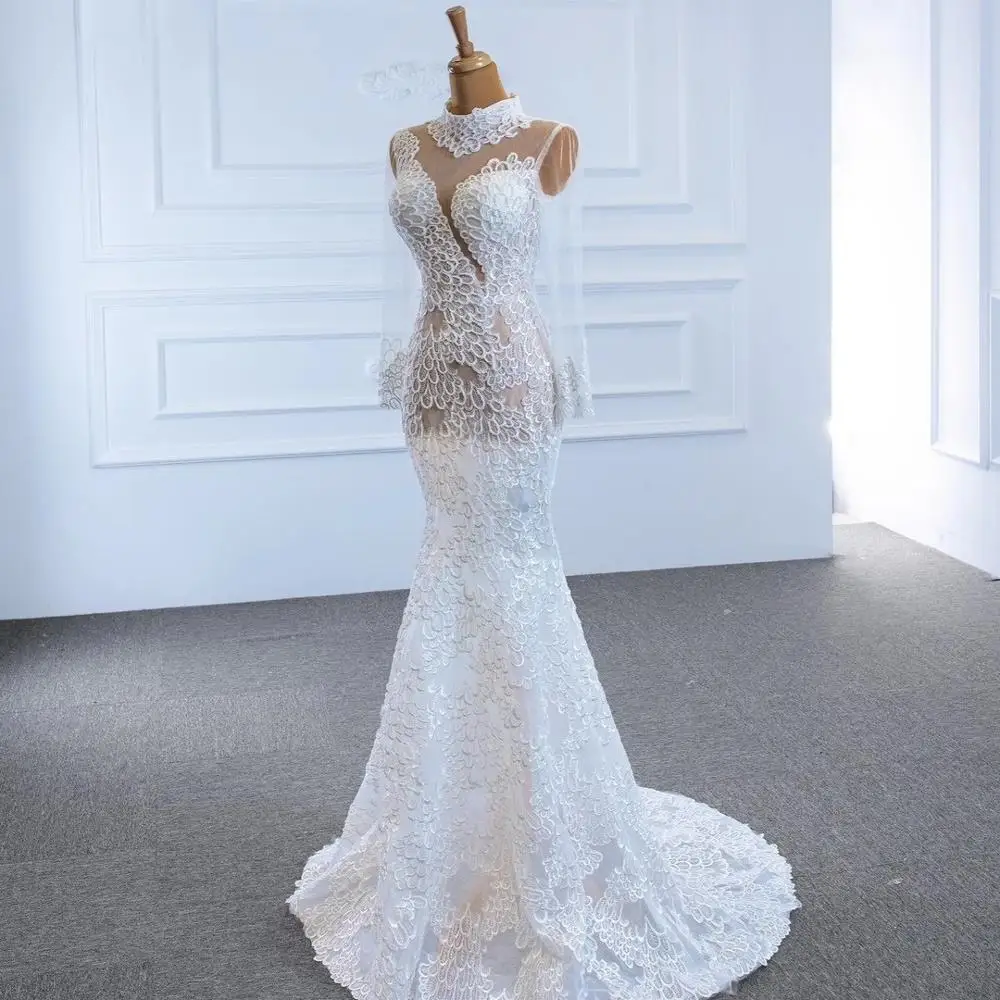DD JYOY Sexy Transparent Mermaid Wedding Dress Long Sleeve Shining Beading See Through Lace Wedding Gown Small Train 2020 New