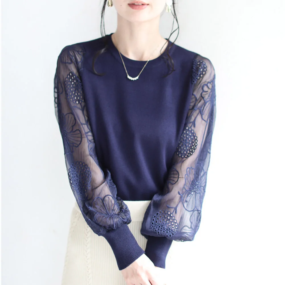 

Sweater 2021 Spring Japanese Korean Women's Black Transparent Yarn Flower Embroidery Sleeve Stitching Knit Pullover Tops New