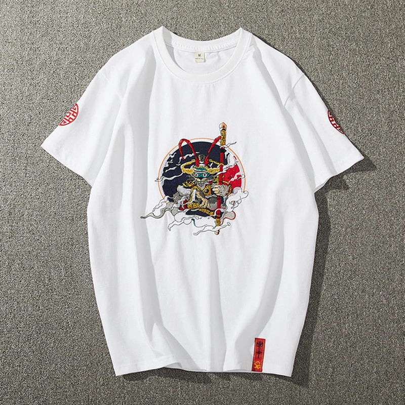 

Lyprerazy Chinese Style Embroidery Men's T-Shirt Summer 100% Cotton Short Sleeve Tshirt Casual Loose Tee Tops Male