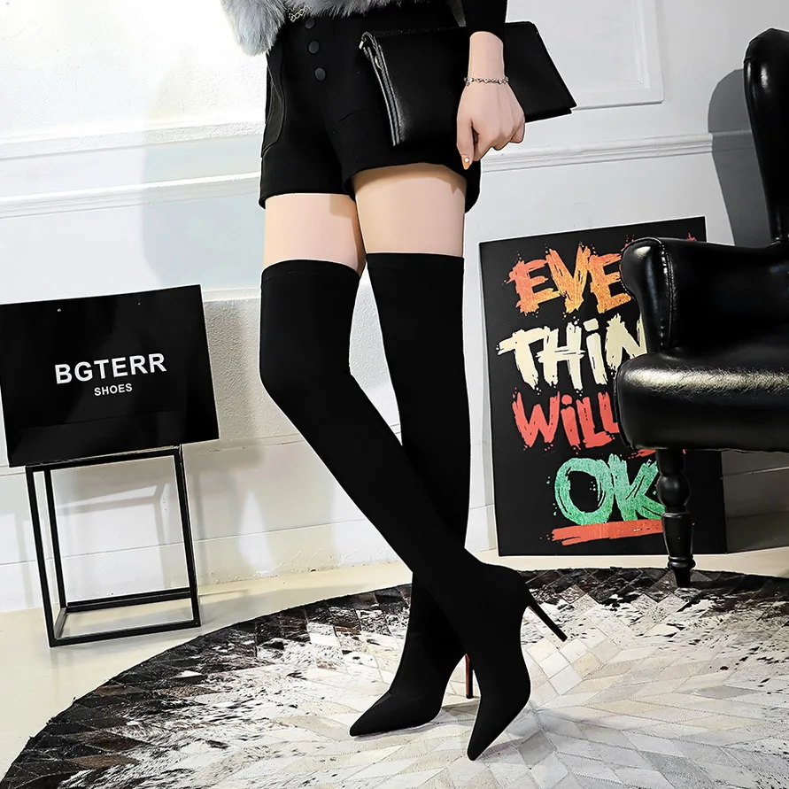Высокие Сапоги выше колена Зимние Женская пикантная обувь до бедра из эластичной