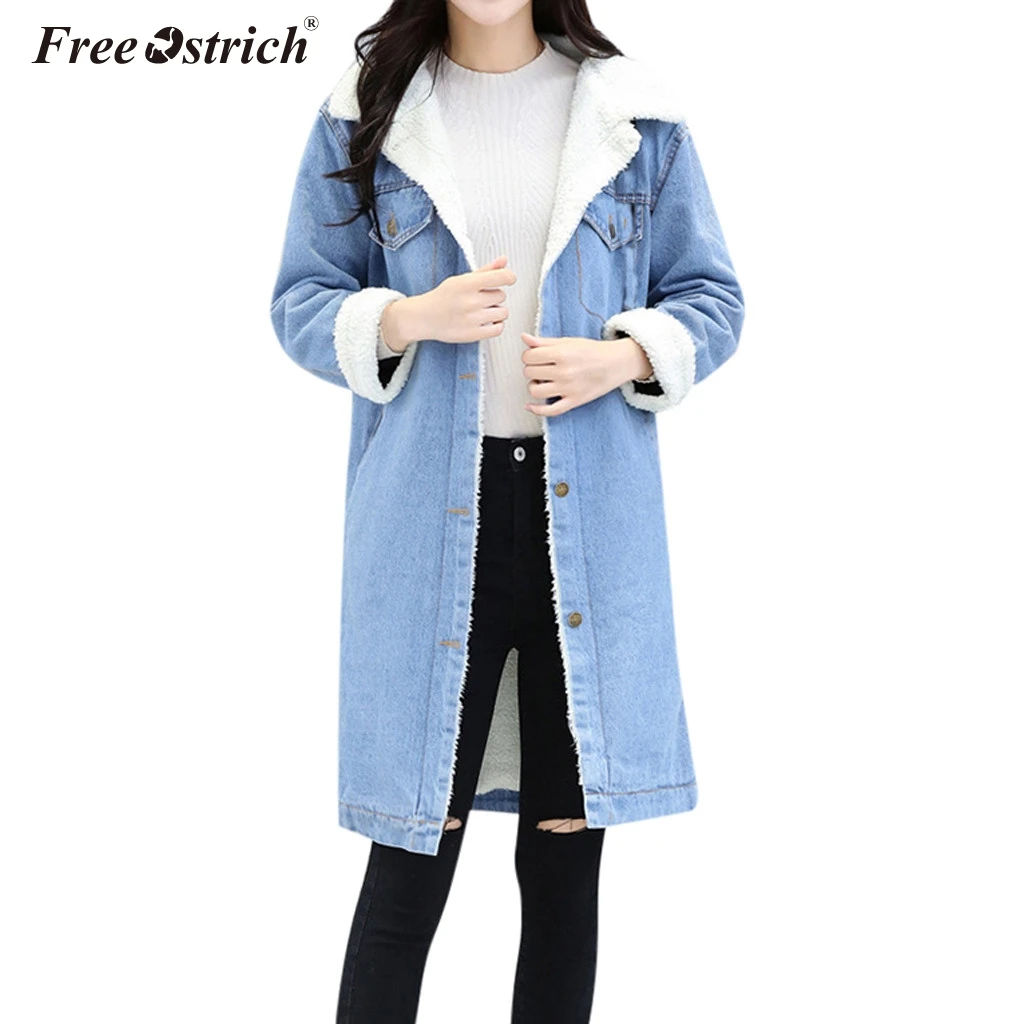 Женская теплая джинсовая куртка Free Ostrich повседневная Толстая из денима с мехом