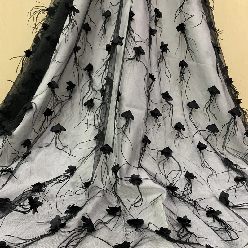 2019 Роскошные 3D цветы нигерийские кружевные ткани черный фиолетовый перо Вышитые