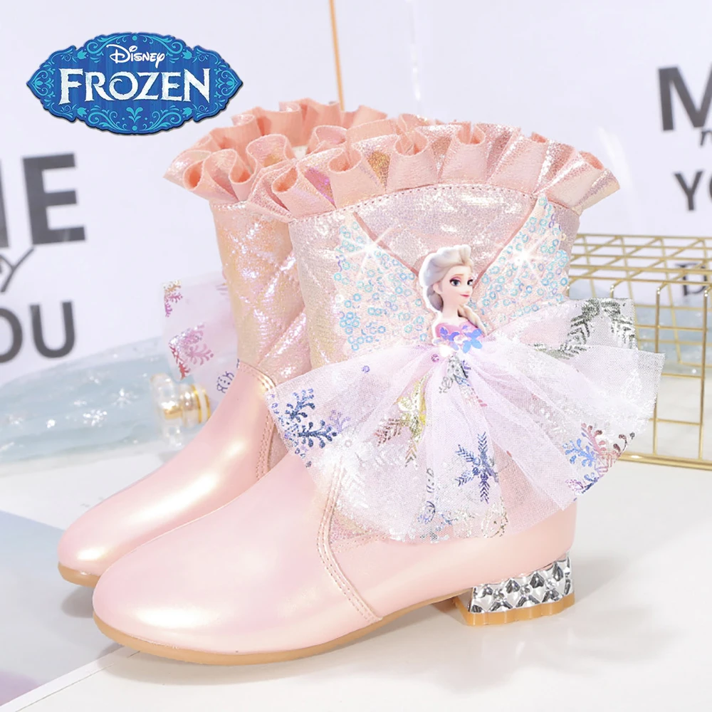 

Новинка, детские модные ботинки средней длины Disney, хлопковые ботинки с трехмерным украшением Эльзы для девочек, брендовая зимняя теплая нес...
