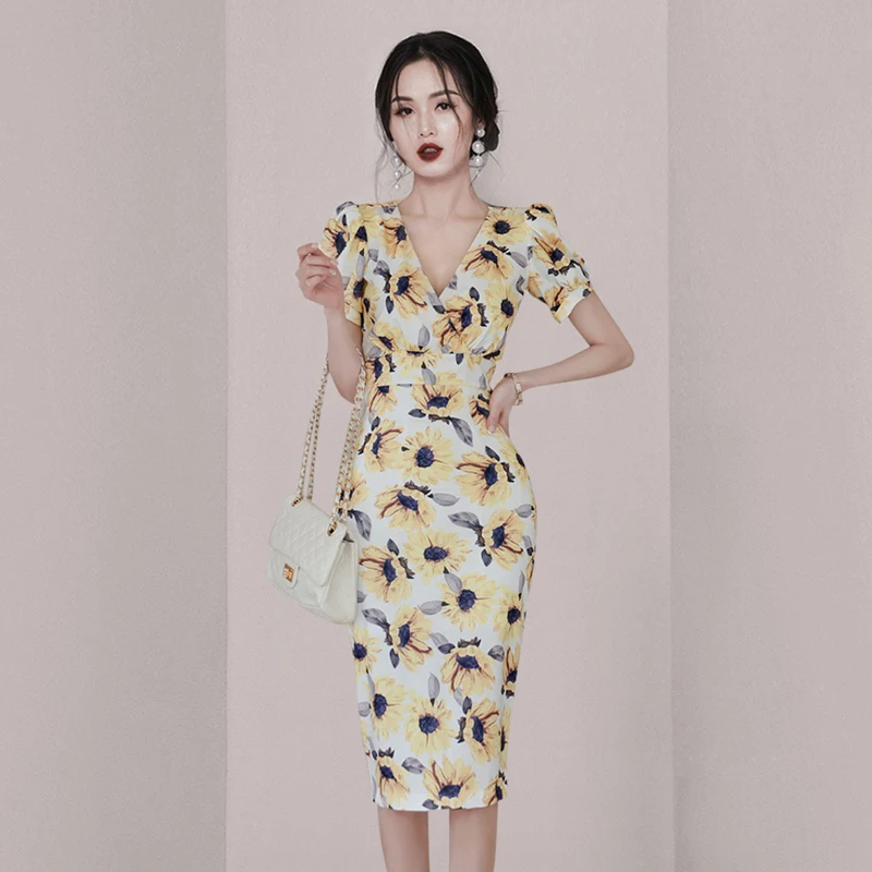 

Summer Dress Korean Style V-neck Sexy Bag Hip Slim Sheath Printed Sheath Bodycon Dresses for Women T2296